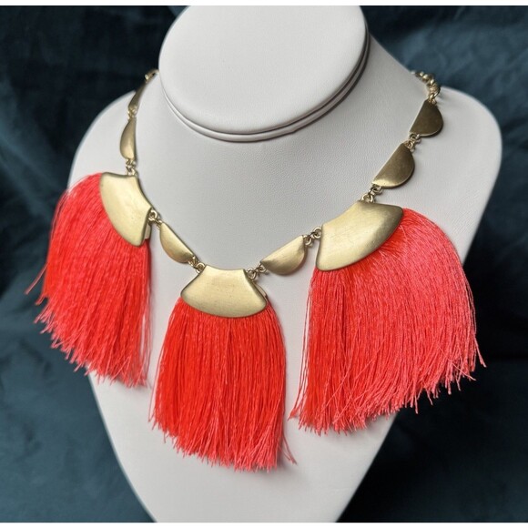 Goldtone Neon Coral Red Fan Fringe Statement Necklace 3 Tassel Adjustable 17-21” - Picture 2 of 13